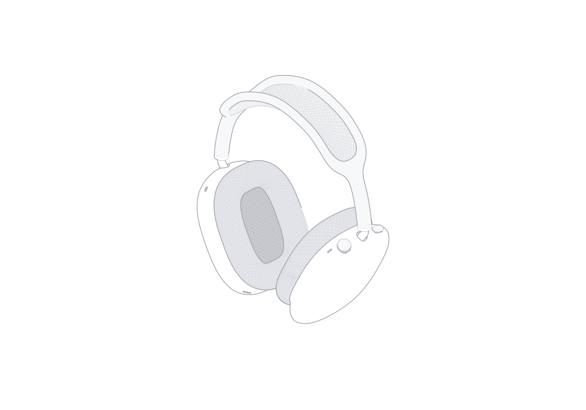 固定等轴测视角下旋转 0° 的 AirPods Max 2 线稿。
