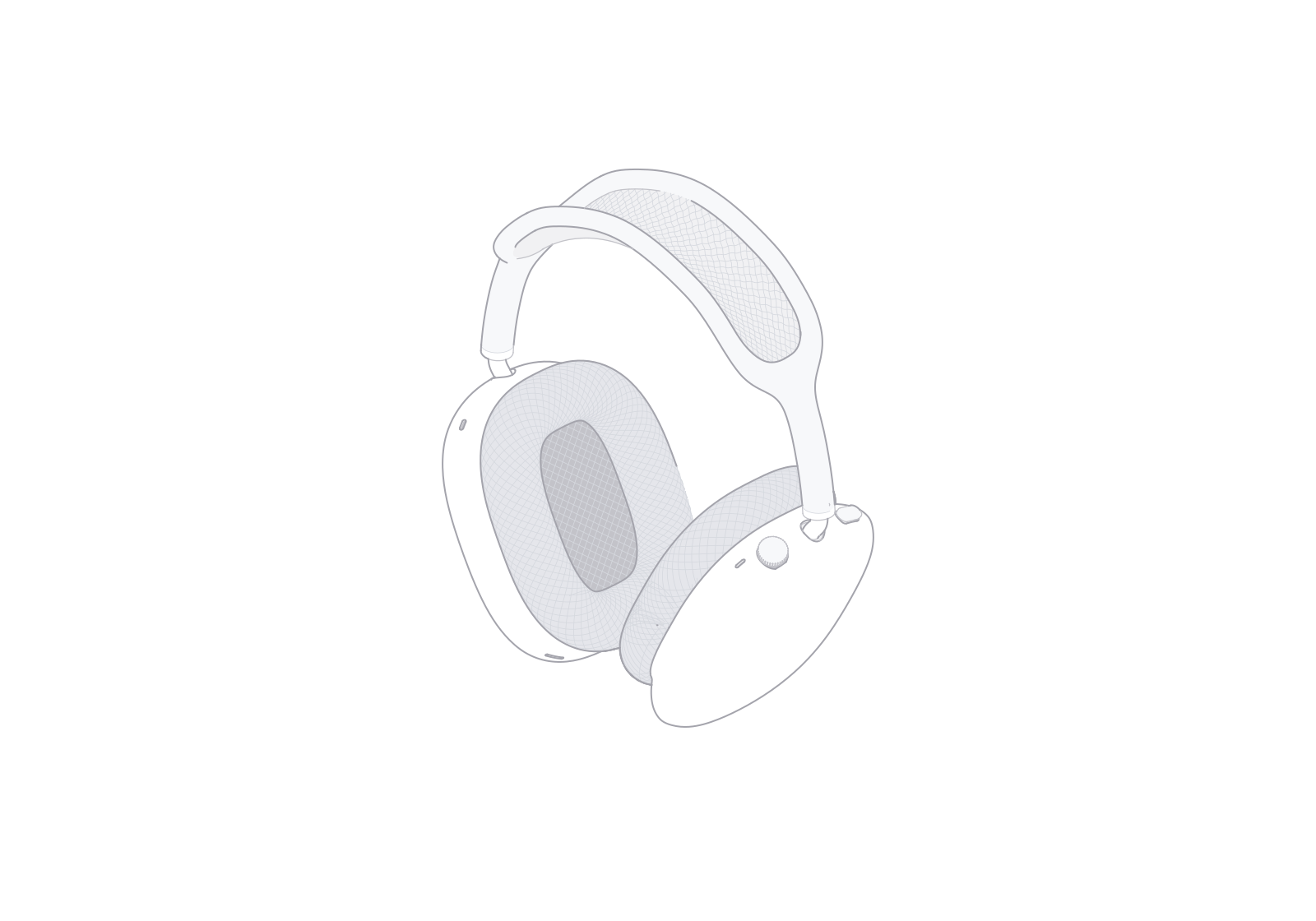 固定等轴测视角下旋转 0° 的 AirPods Max 2 线稿。