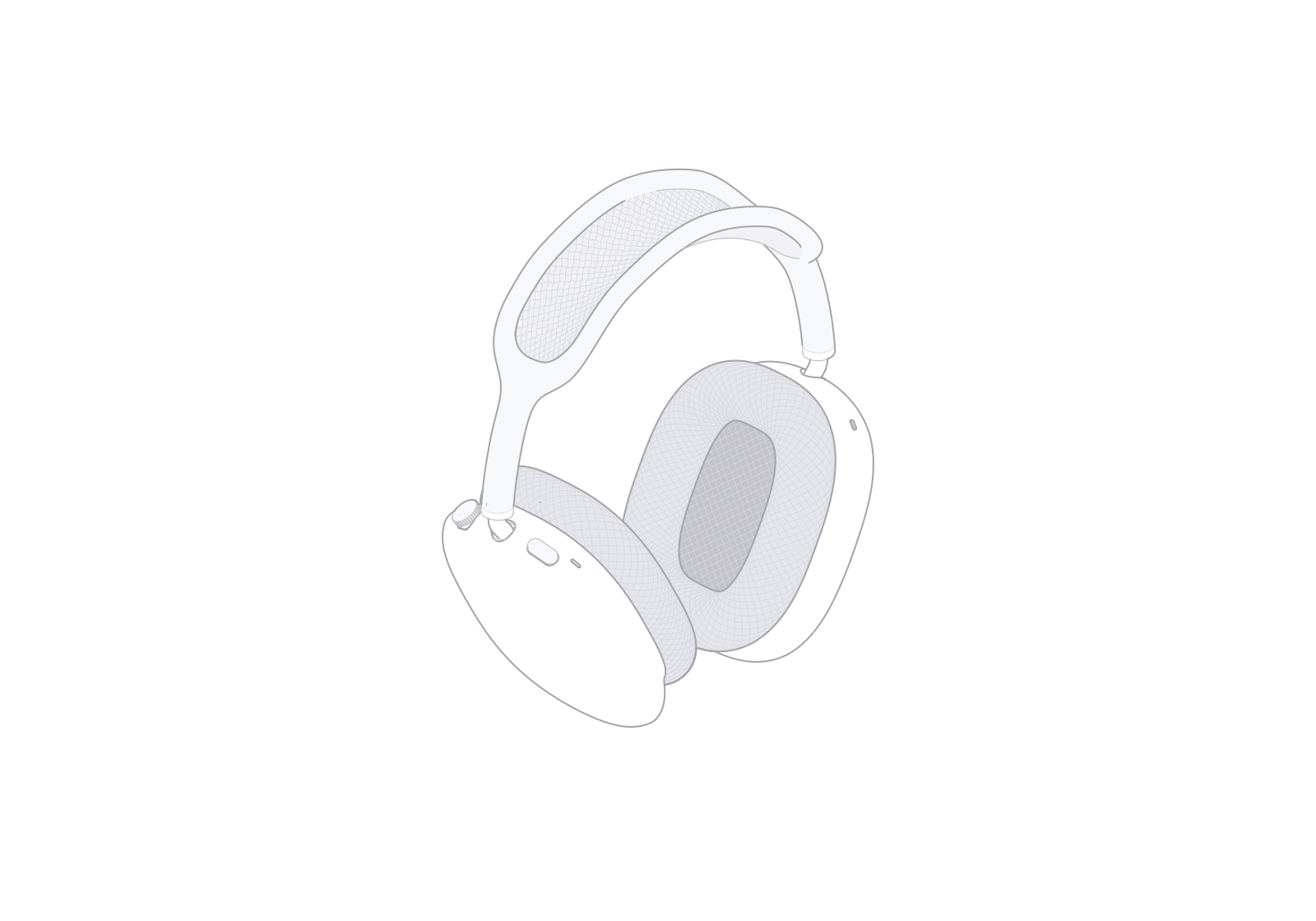固定等轴测视角下旋转 90° 的 AirPods Max 2 线稿。