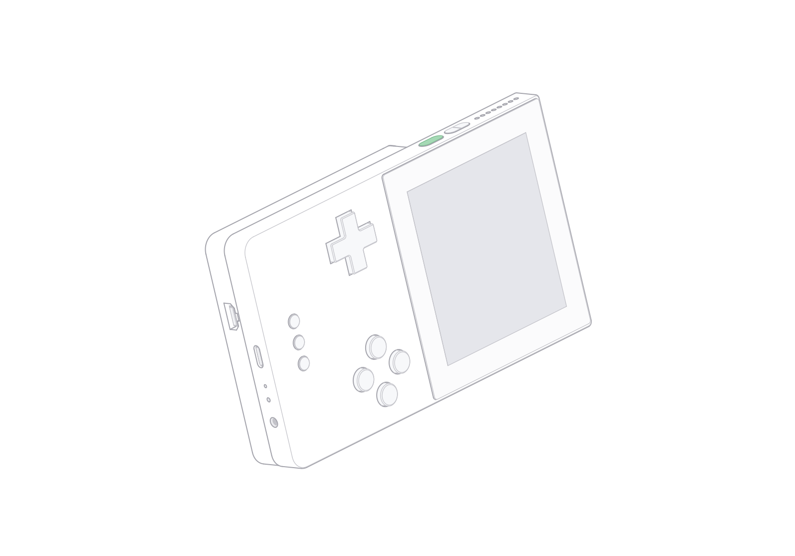 Analogue Pocket at a 72° turn in the fixed isometric view.