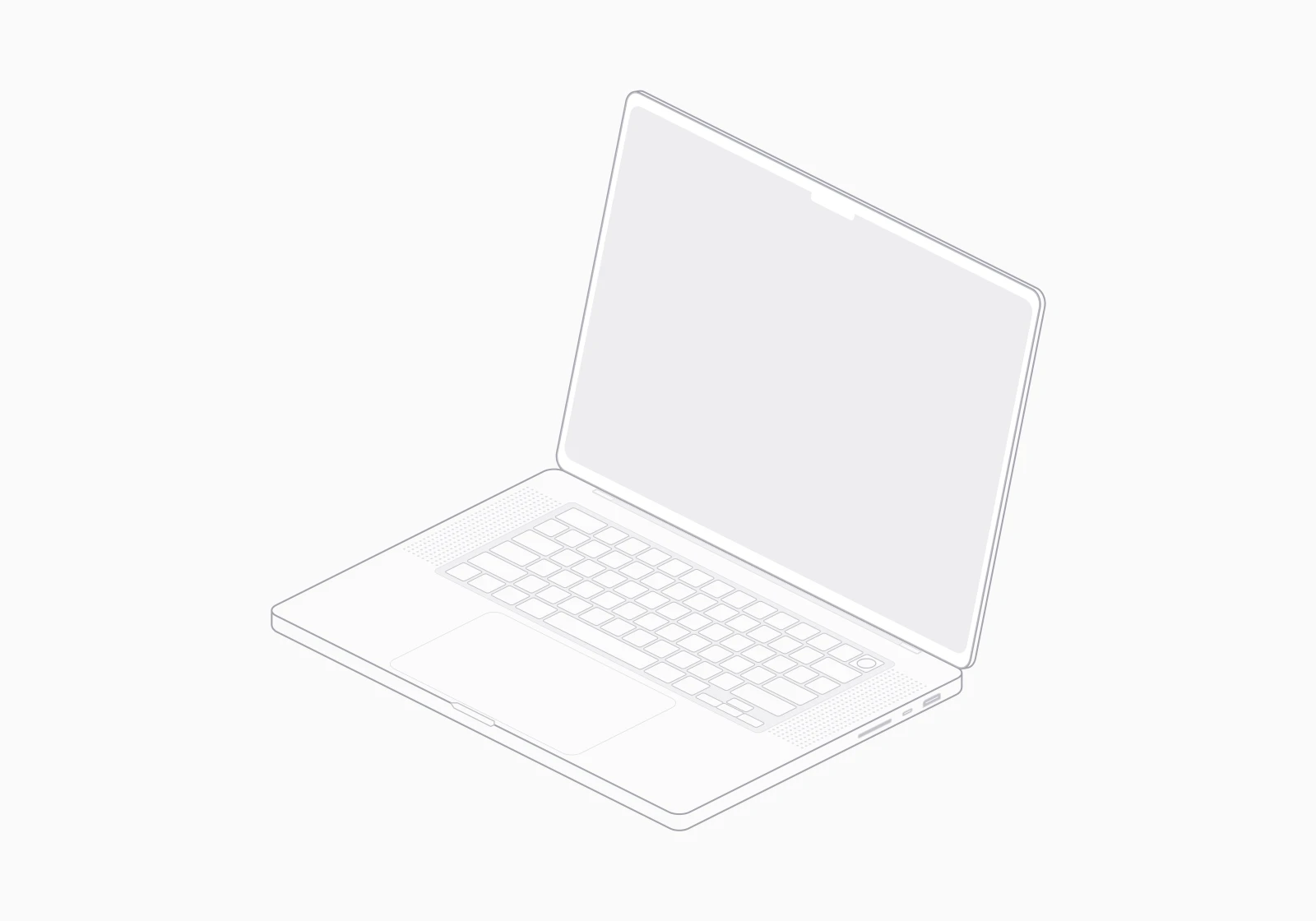 Isometric MacBook Pro line illustration with the lid open at 105 degrees, showing the display, keyboard and trackpad