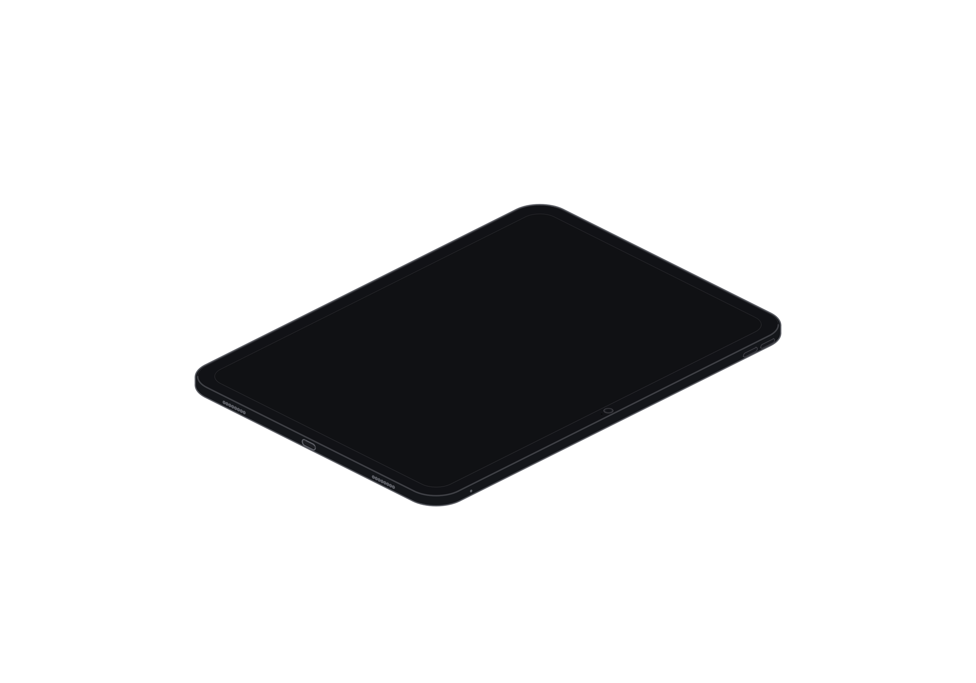iPad Pro isometric line art showing the broad display and fine edge detail in dark theme