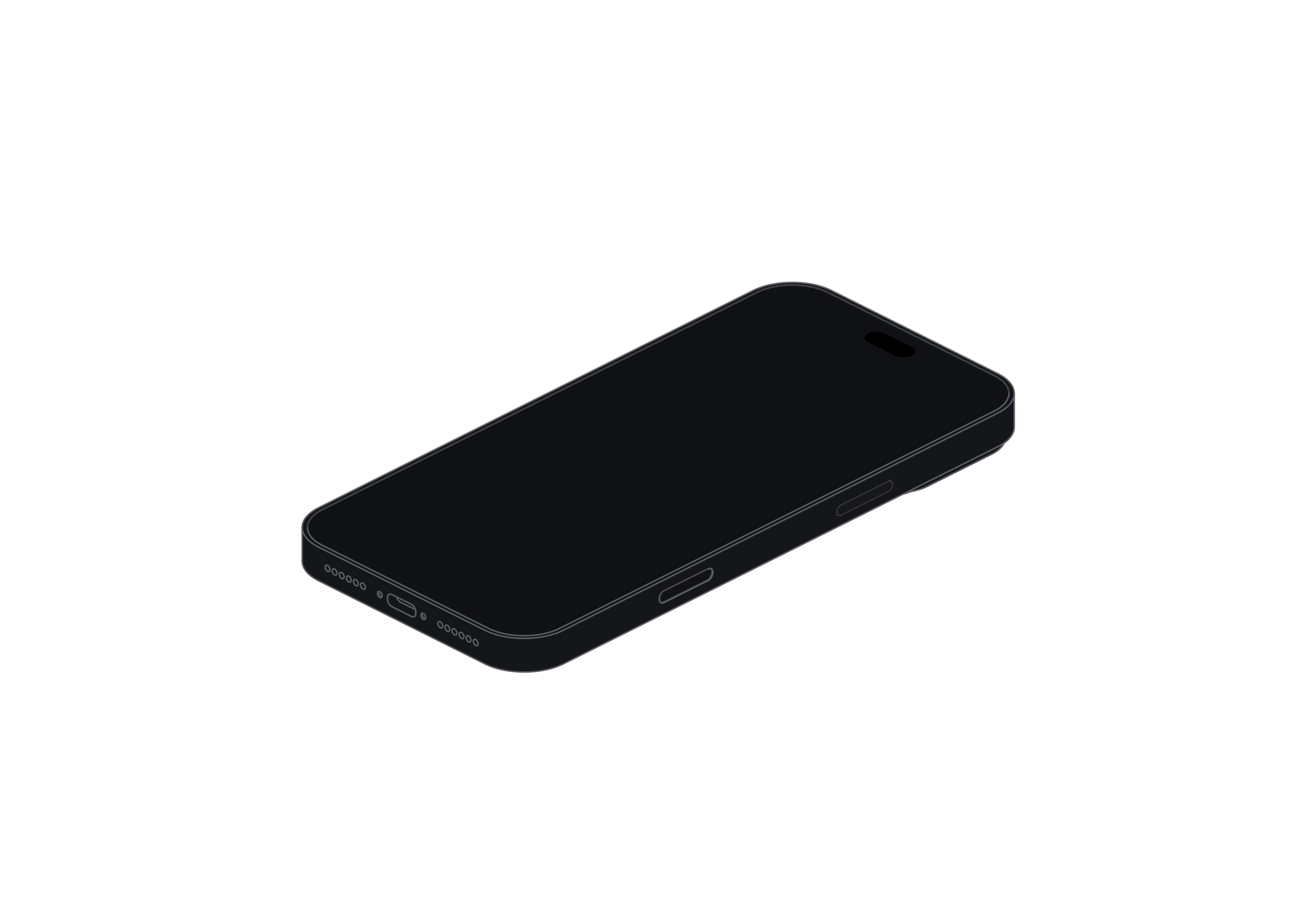 Dark-theme iPhone 18 Pro Max line art with the screen, oval cutout, side buttons, and bottom edge