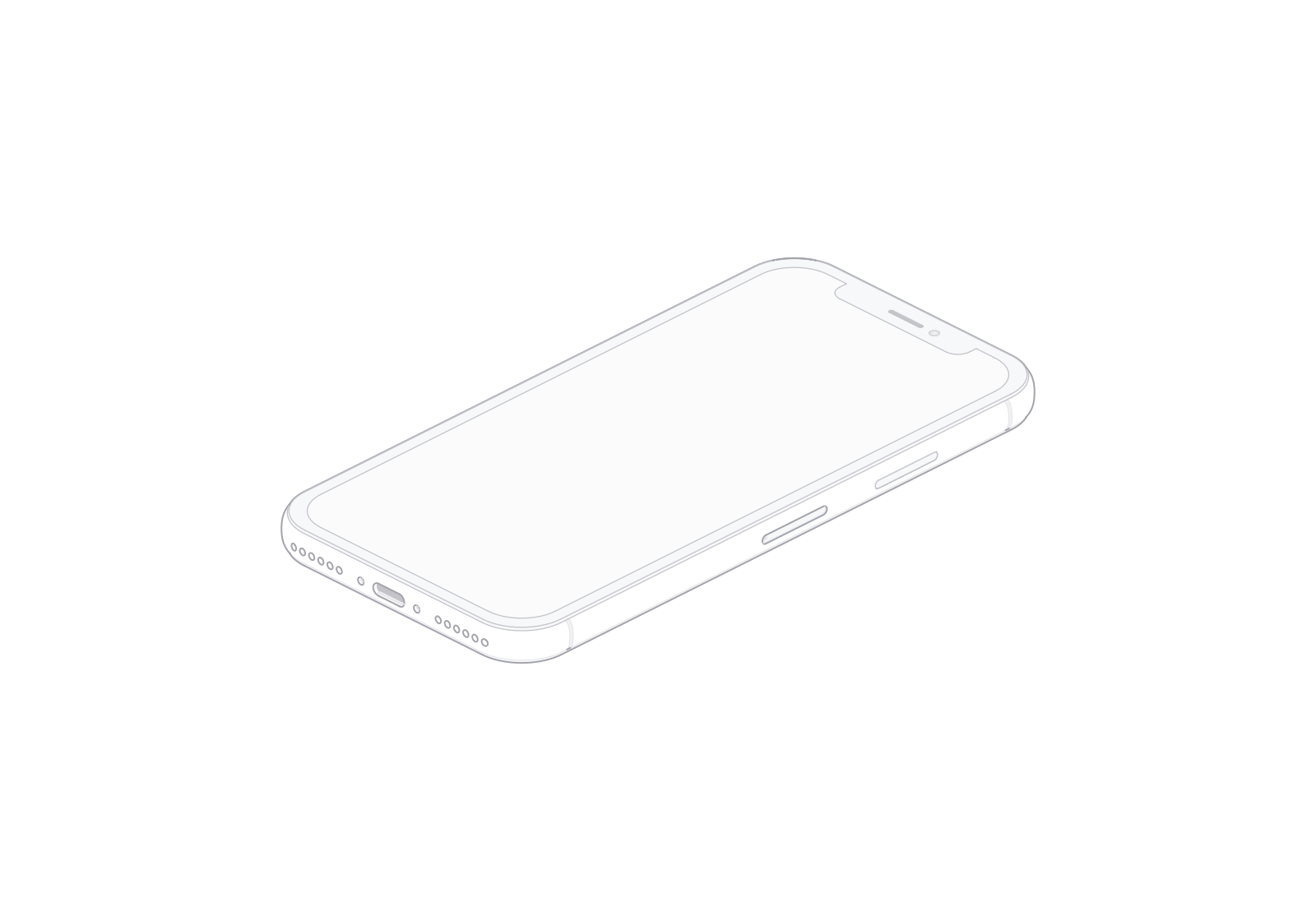 iPhone X line art at a 0° turn in the fixed isometric view.
