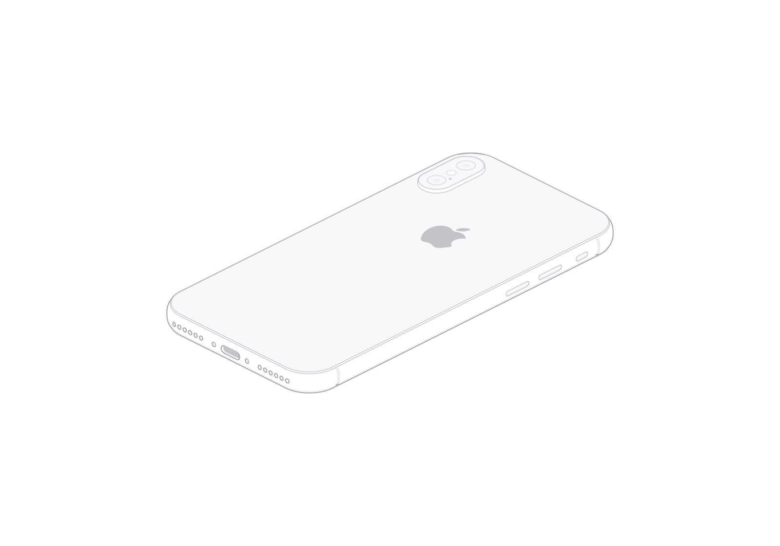 iPhone X line art at a 180° turn in the fixed isometric view.