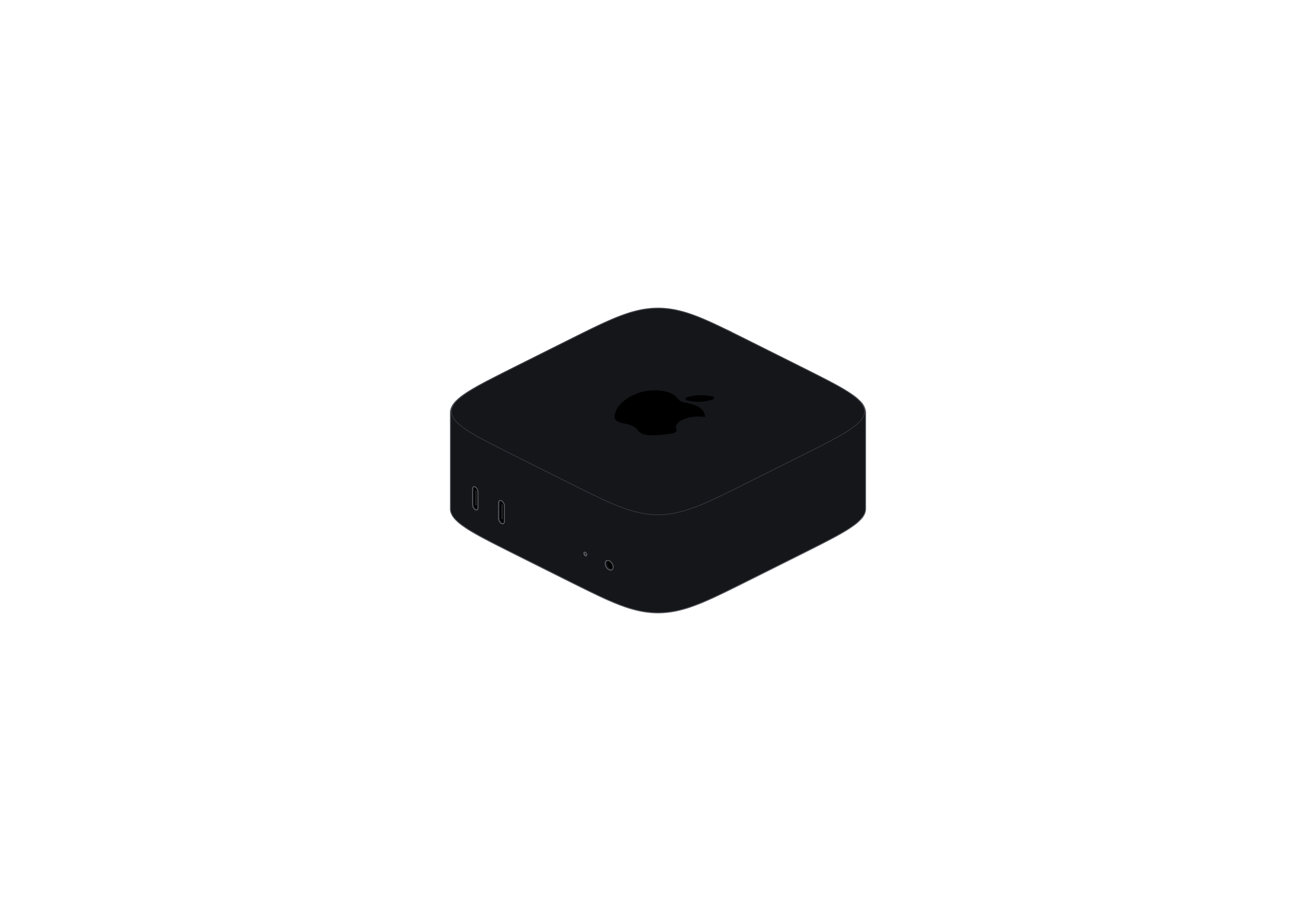 深色主题的 Mac mini 线稿，显示紧凑的桌面机身