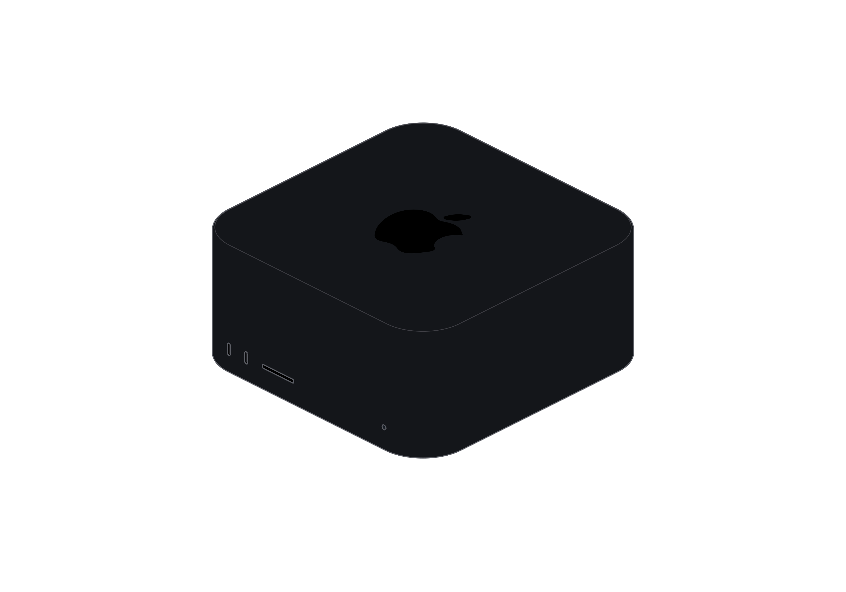 Mac Studio isometric line illustration showing the deeper desktop case in dark theme