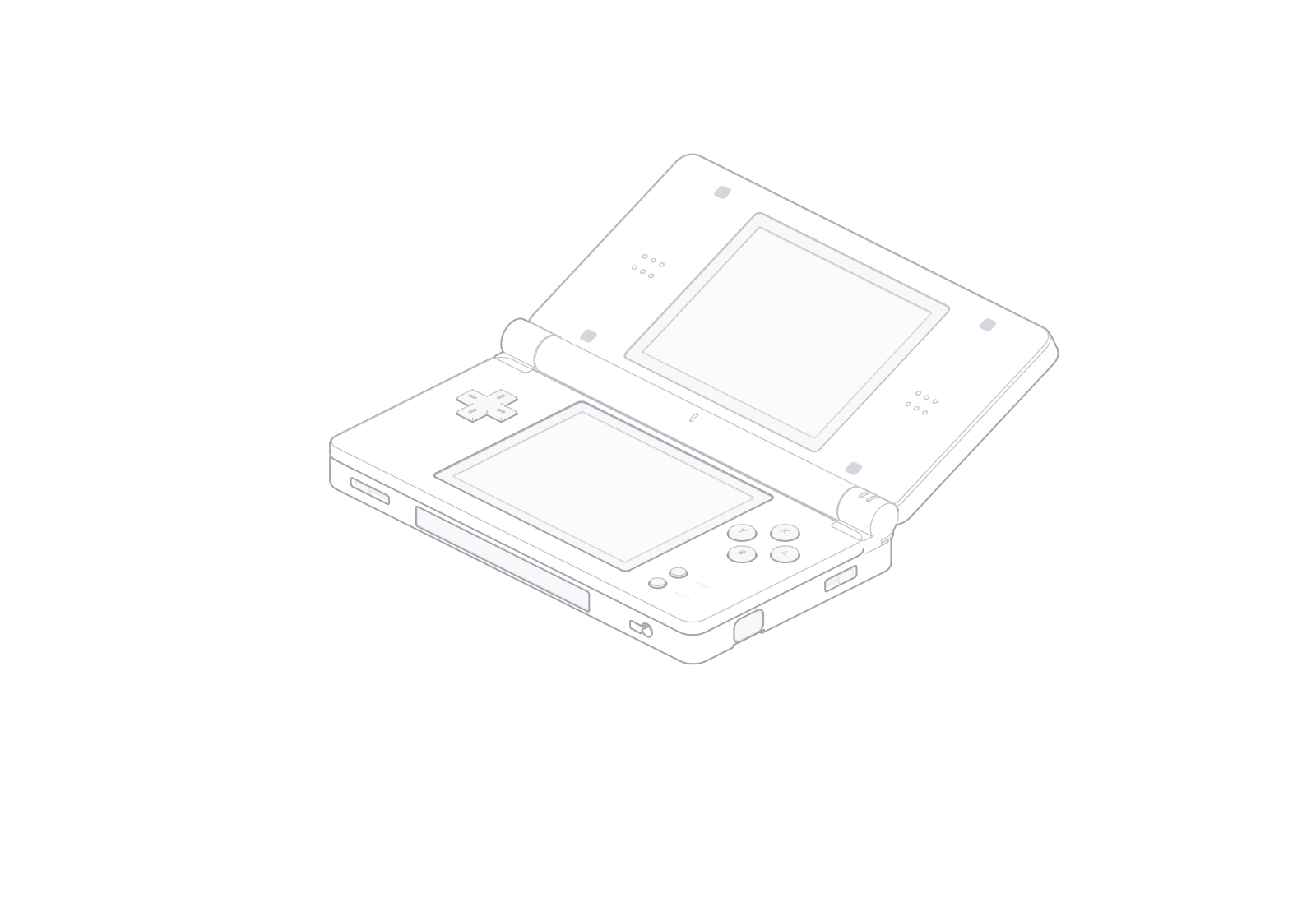 Nintendo DS Lite 打开状态的线稿，可见上下两块屏幕。