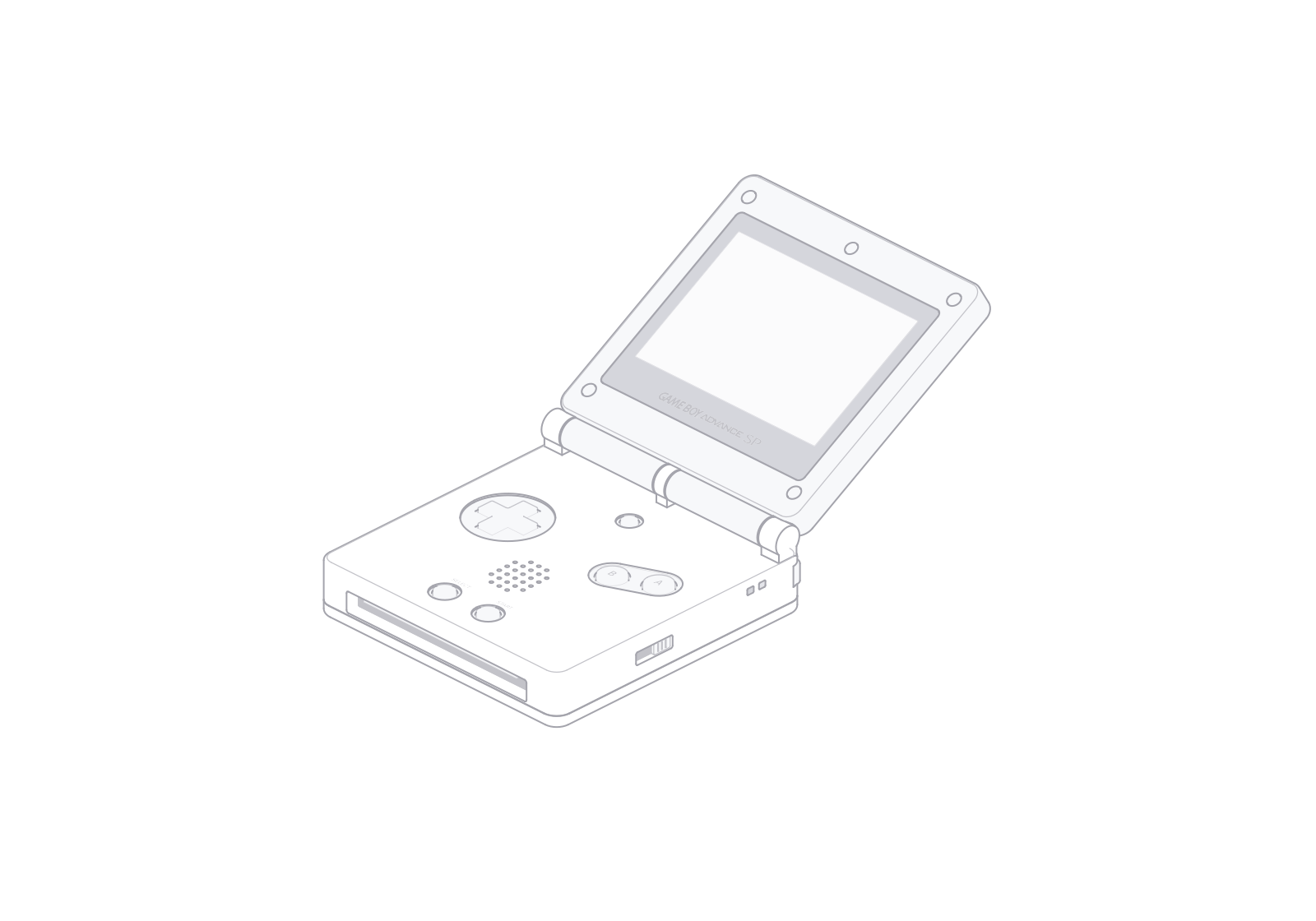 Nintendo Game Boy Advance SP 打开状态的正面线稿，可见屏幕和控件。