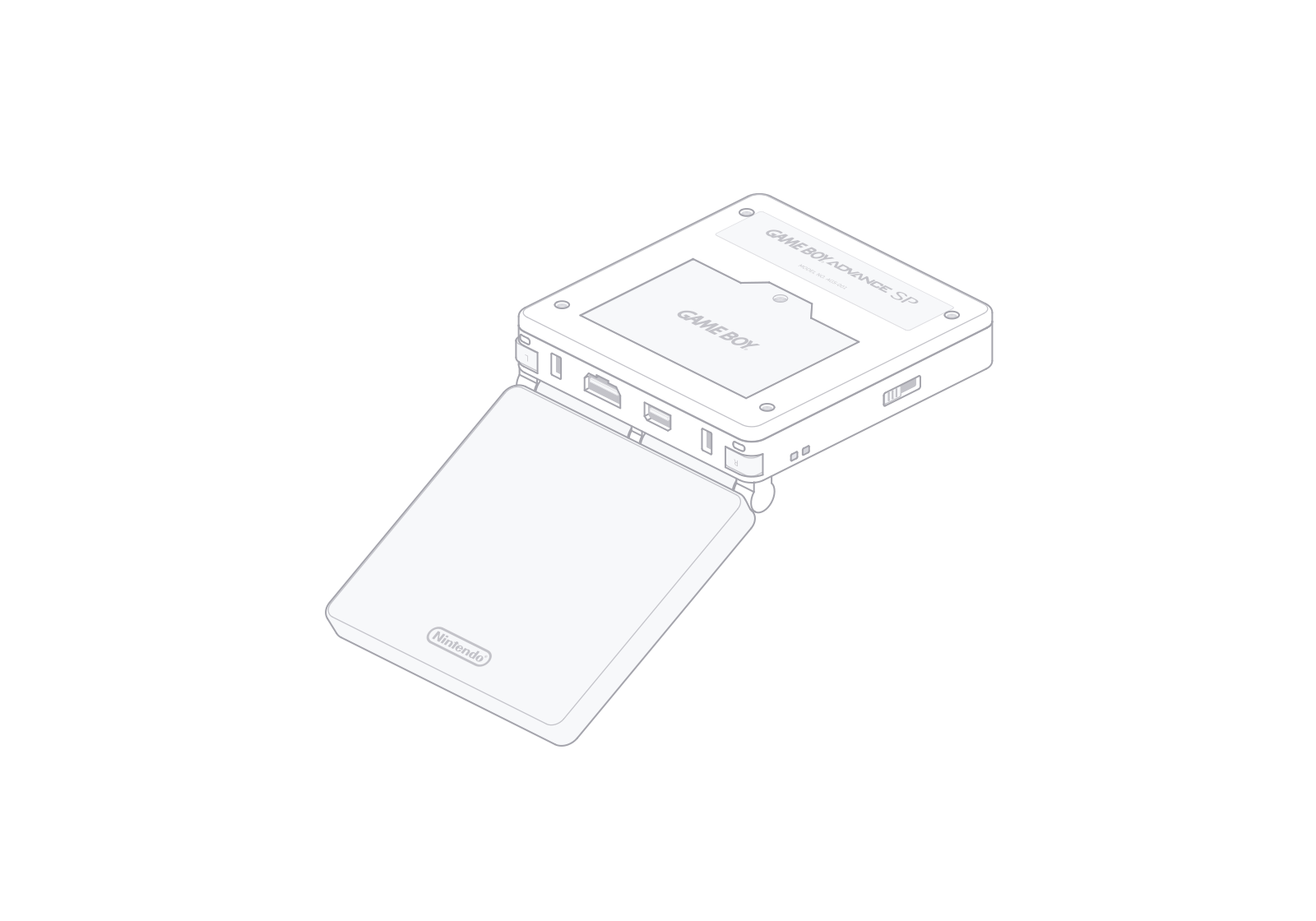 Nintendo Game Boy Advance SP 打开状态的背面线稿。