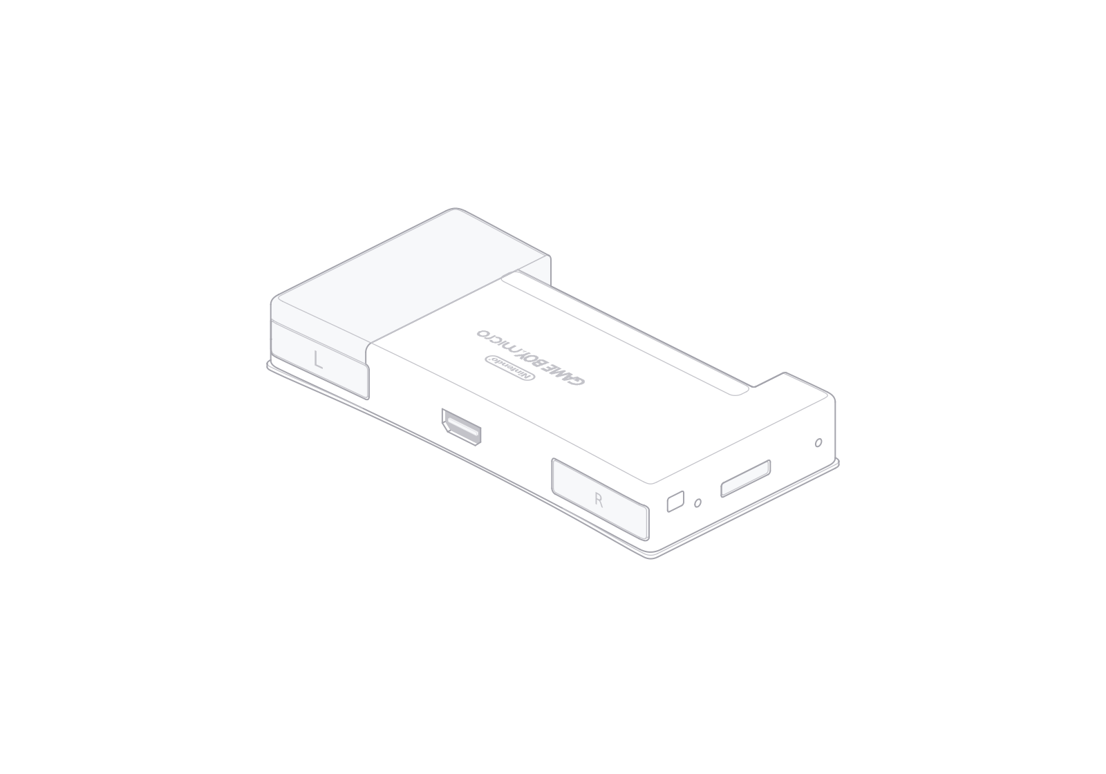 固定等轴测视角下旋转 180° 的 Nintendo Game Boy micro 线稿。