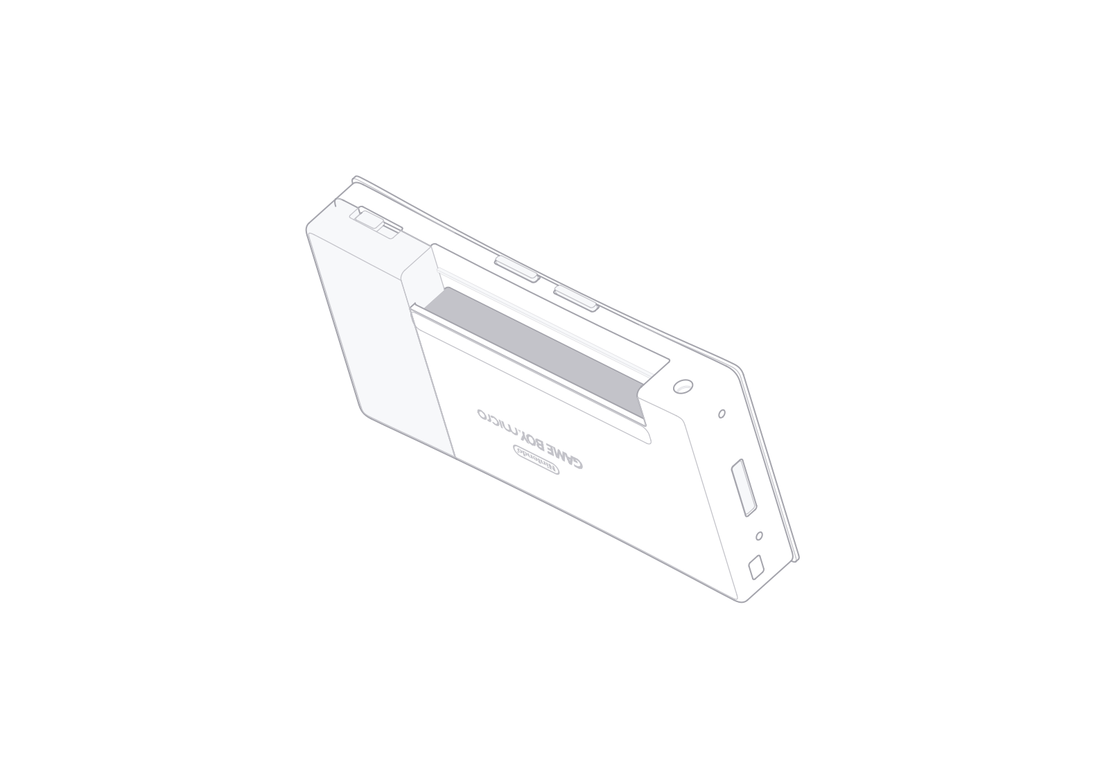 固定等轴测视角下旋转 72° 的 Nintendo Game Boy micro 线稿。