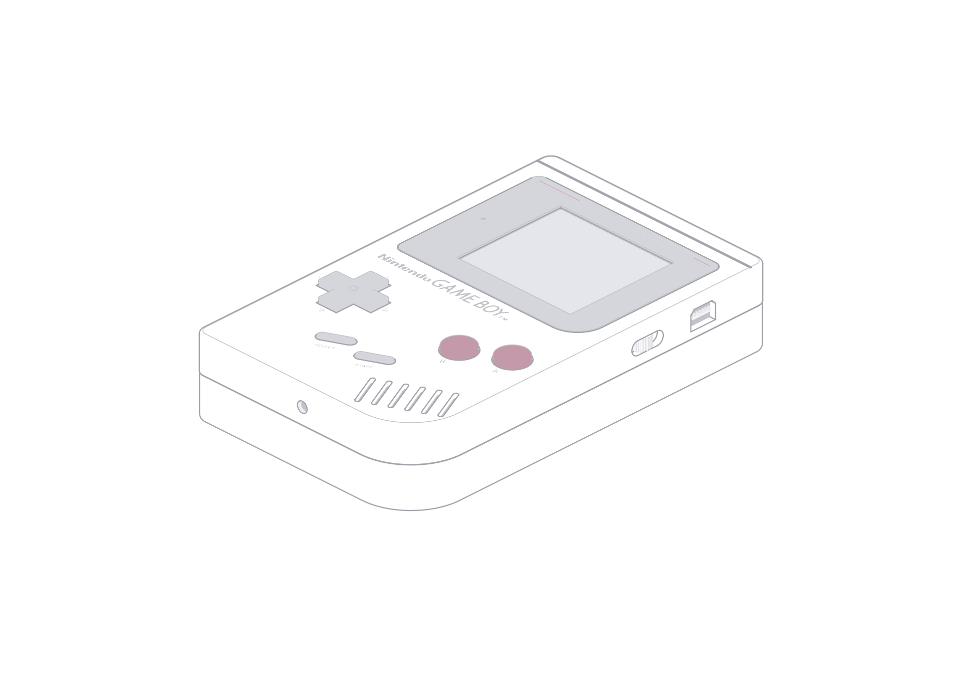 固定等轴测视角下旋转 0° 的 Nintendo Game Boy DMG-01 线稿。
