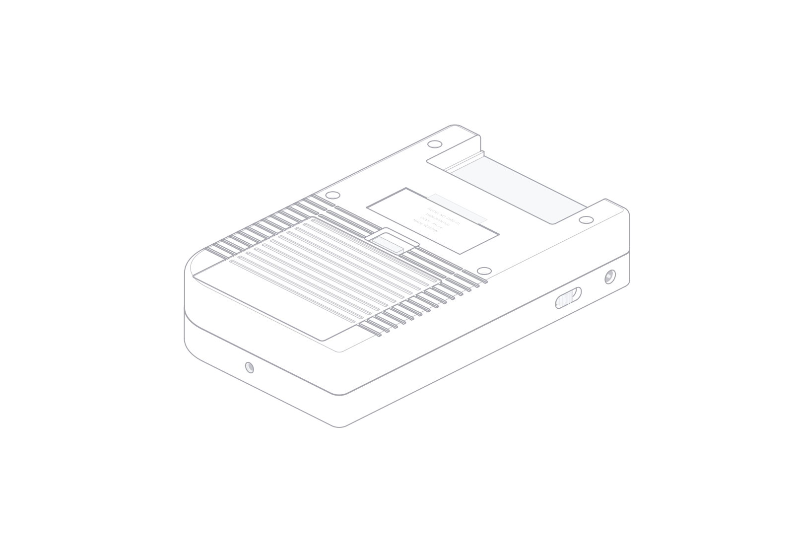 固定等轴测视角下旋转 180° 的 Nintendo Game Boy DMG-01 线稿。
