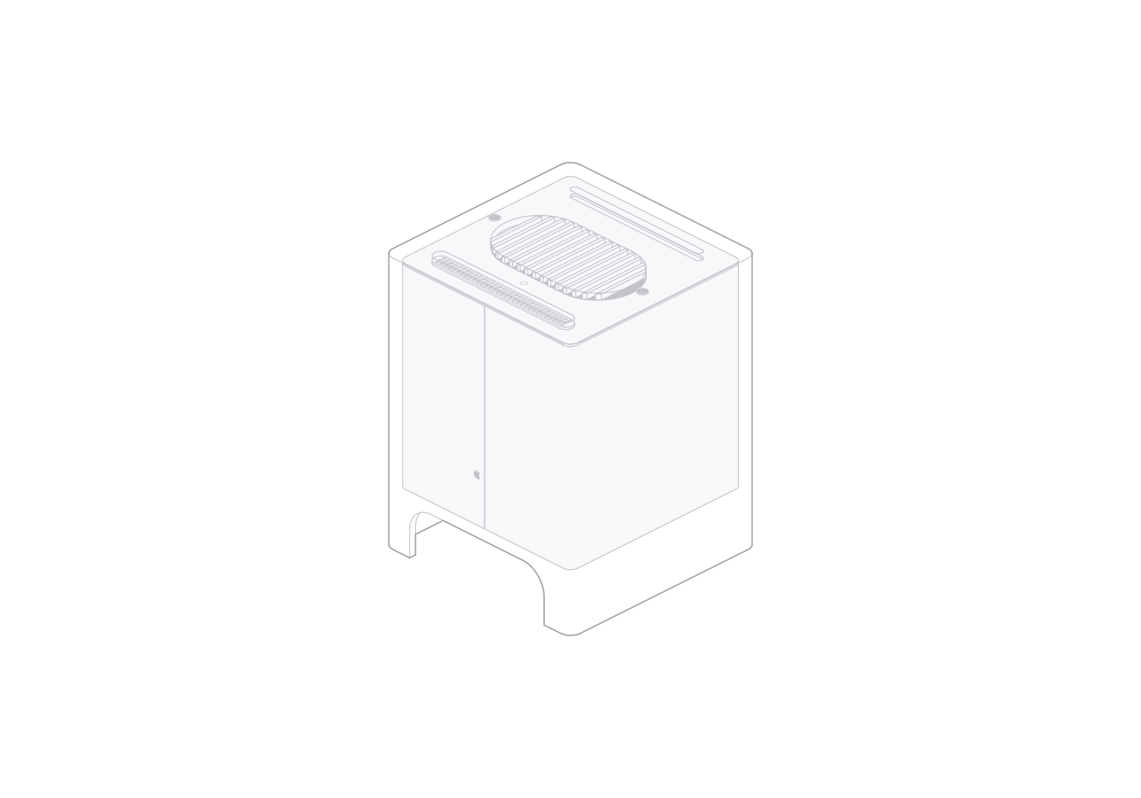 固定等轴测视角下 180° 旋转的 Power Mac G4 Cube 线稿。