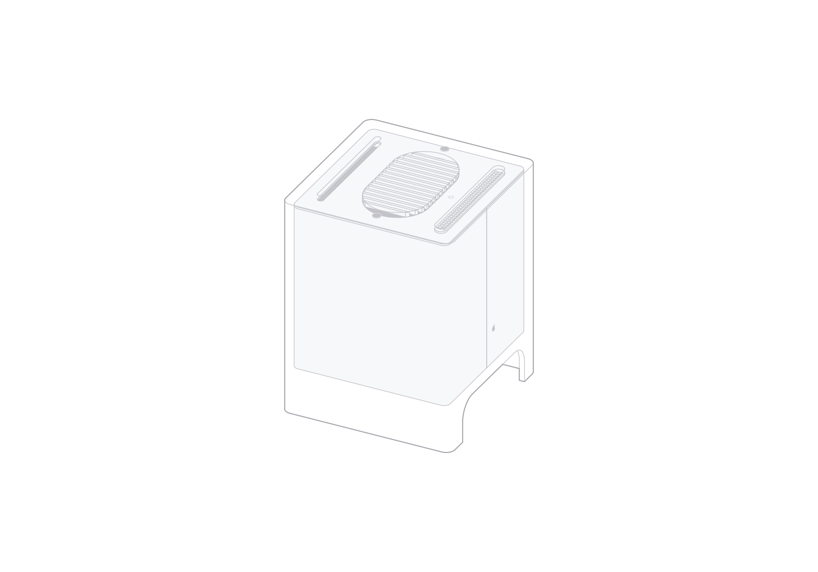 固定等轴测视角下 72° 旋转的 Power Mac G4 Cube 线稿。