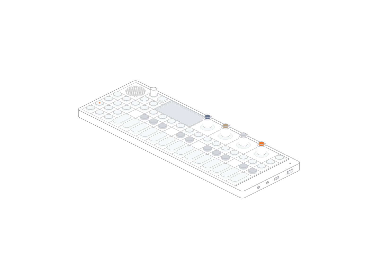 Teenage Engineering OP-1 field at a 0° turn in the fixed isometric view.