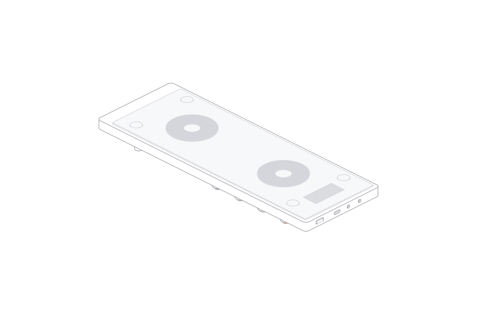 Teenage Engineering OP-1 field at a 180° turn in the fixed isometric view.
