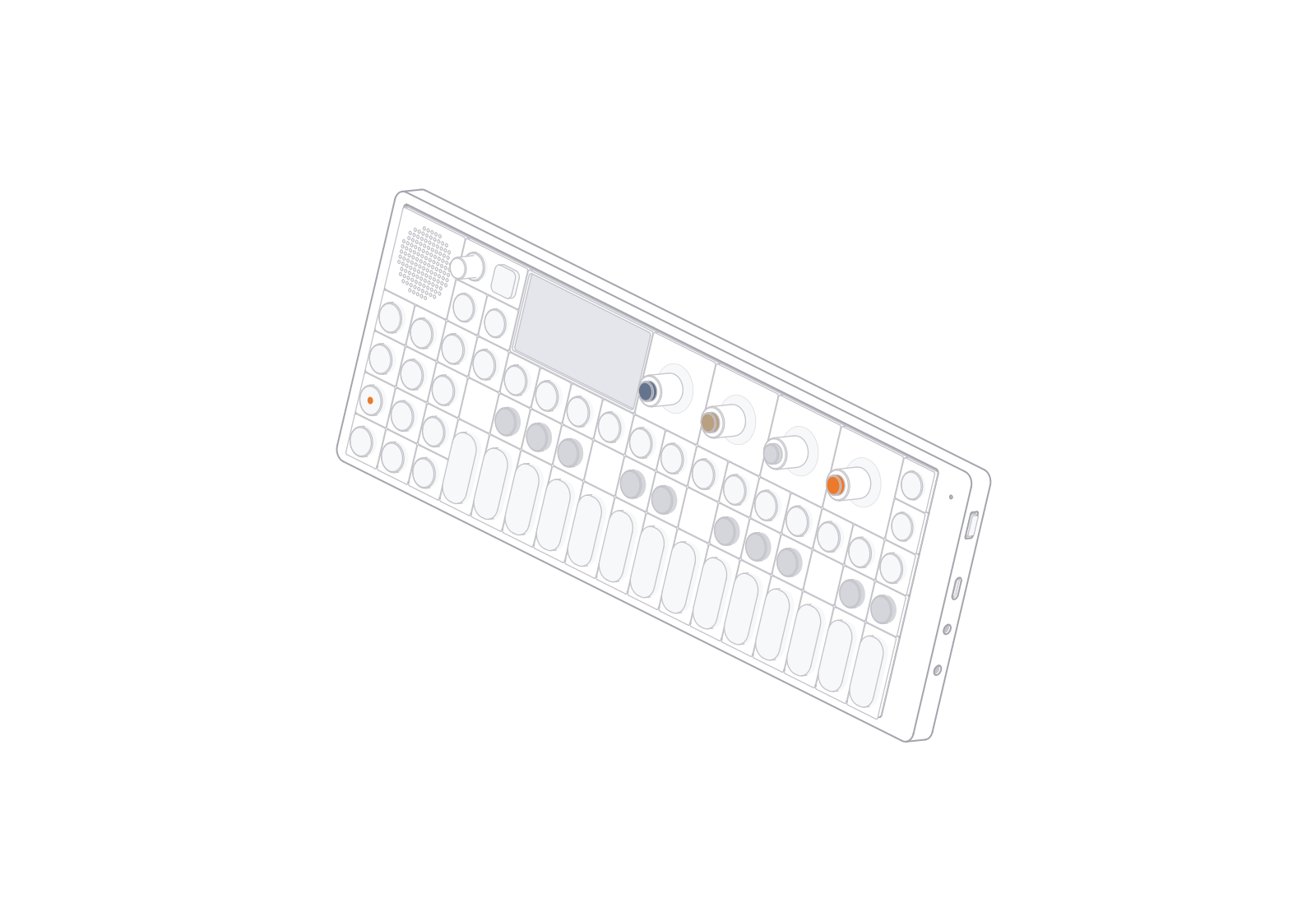 Teenage Engineering OP-1 field at a 72° turn in the fixed isometric view.