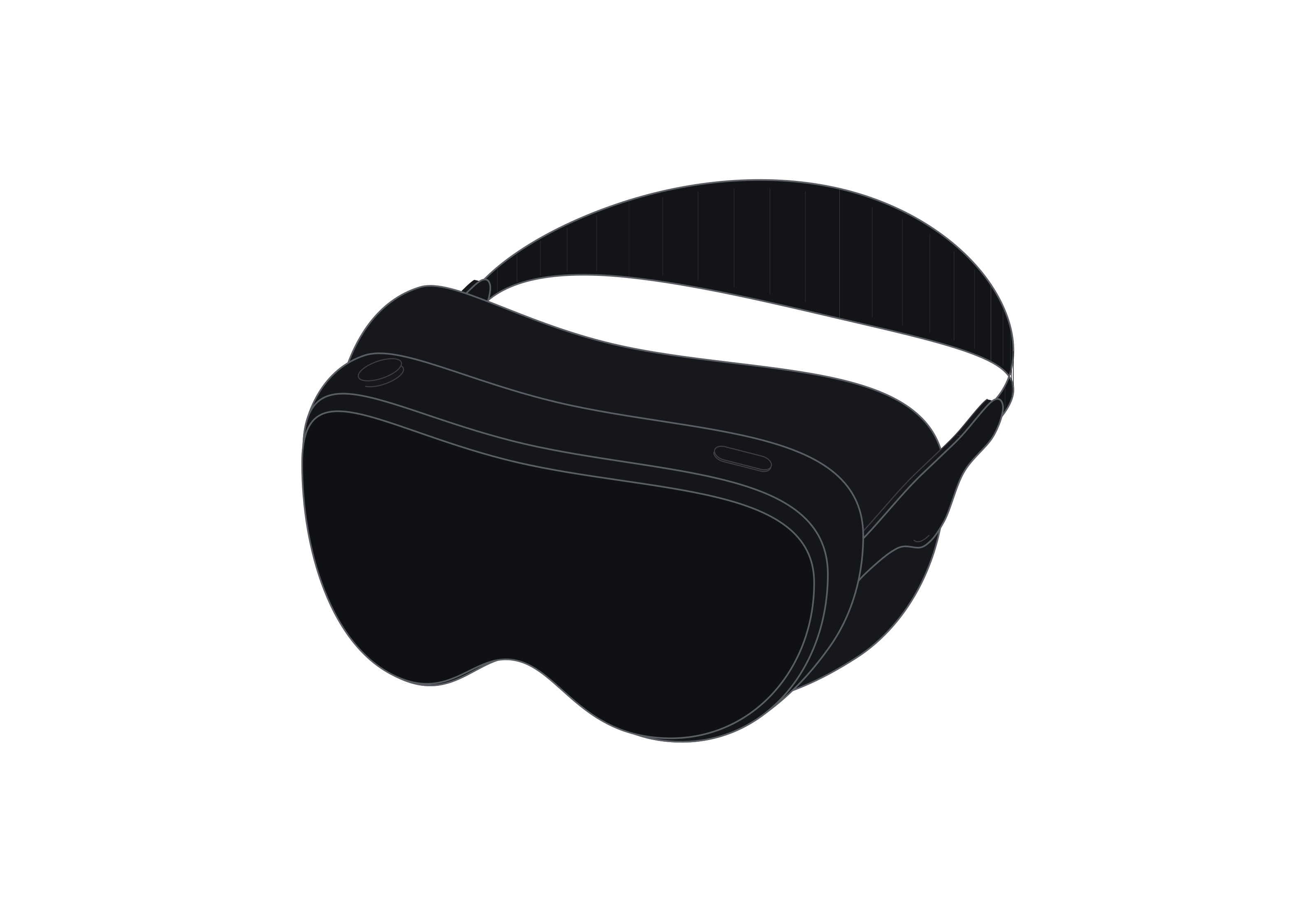 Dark-theme Vision Pro line art with the same curved headset and band composition